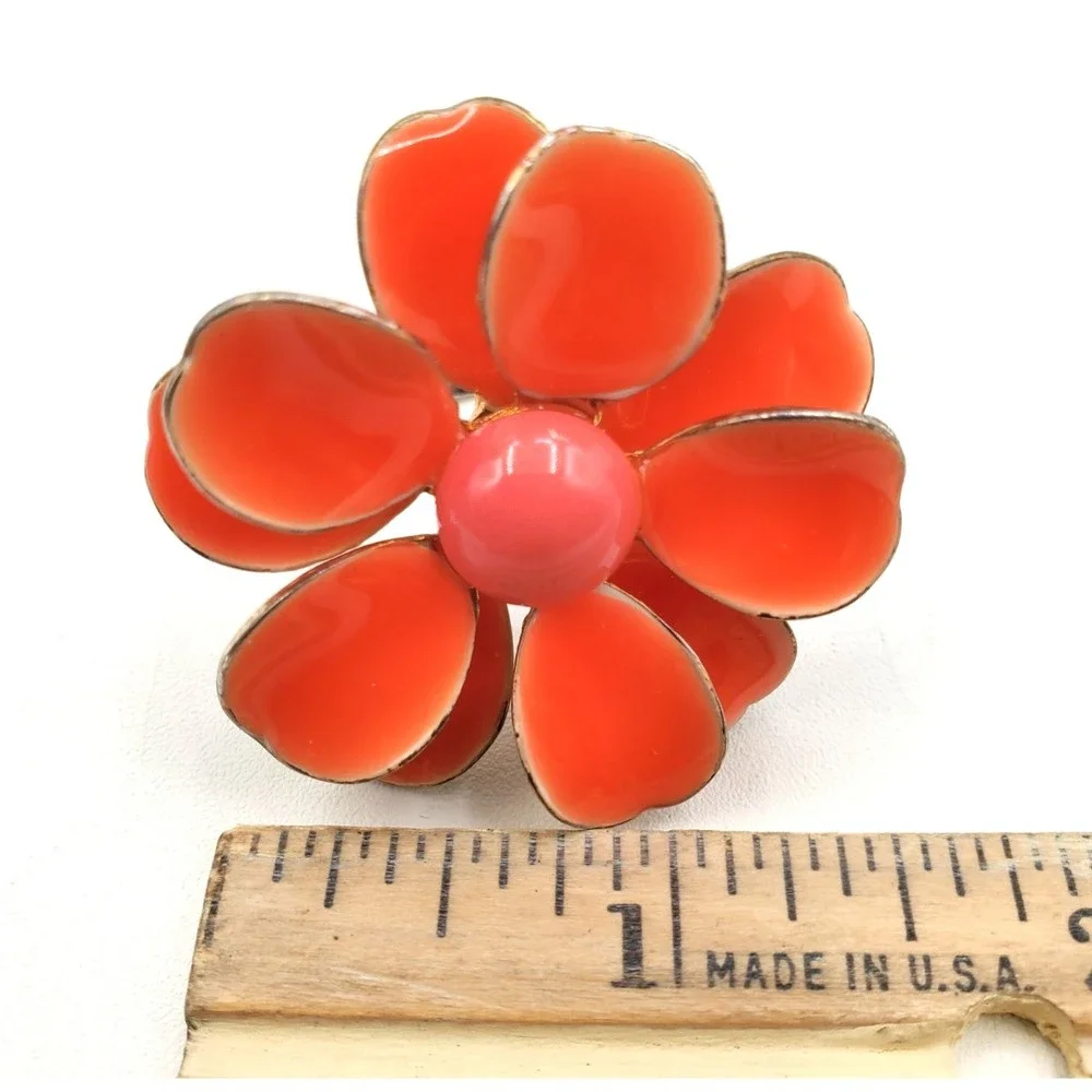 Vintage Large Hippie Mod Daisy Flower Ring Orange Pink Enamel Size 7.5